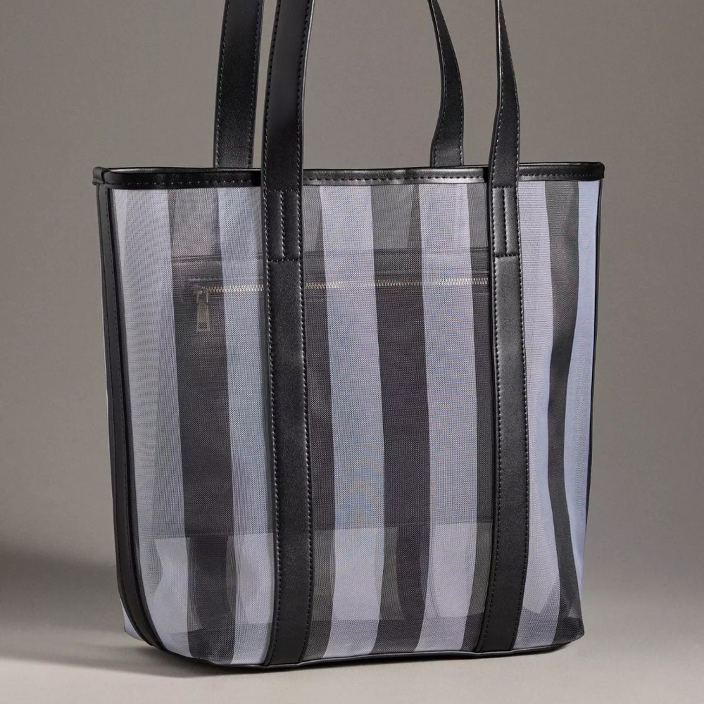 Anthropologie Large Mesh Tote in Black and White Stripe NWT